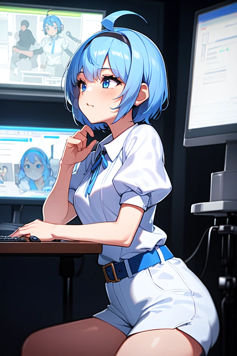 <lora:SuzukiTsudumi_V01:0.8>
1girl, SuzukiTsudumi,
blue eyes,
white shirt, blue ribbon:1.2, puffy short sleeves, white shorts:1.2, puffy sleeves, short sleeves, blue footwear:1.2, blue belt:1.2,
ahoge:0.5, hairband, blue hair, short hair,
cowboy shot, skindentation, deep skin, taut clothes,
Streamer room, gaming chair, gaming PC, PC monitor, headphones, headset,
(masterpiece),(best quality),(ultra detailed),
highly detailed, intricate details, High quality shadow, Cinematic Light, perfect anatomy,