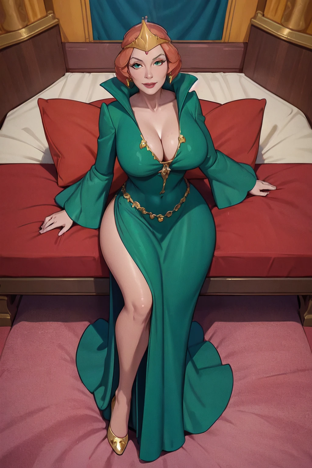(insanely detailed, beautiful detailed face, masterpiece, beautiful detailed eyes, best quality), <lora:Queen_Marlena:1>, queenmarlena, standing on the balcony of a fantasy castle, green gown, yellow belt, black shoes, gold crown, seductive smile, massive bare breasts, full body shot