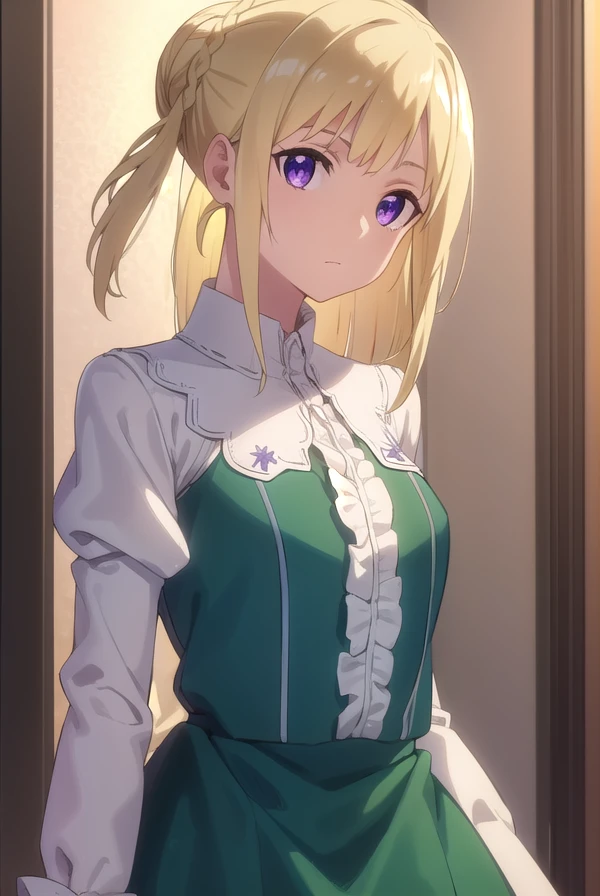 ortfinefrederickavoneylstadt, <lora:ortfine fredericka von eylstadt s1-lora-nochekaiser:1>,
ortfine fredericka von eylstadt, long hair, blonde hair, (purple eyes:1.1), braid, hair bun, single hair bun,
BREAK long sleeves, dress, ribbon, pantyhose, shoes, puffy sleeves, brown footwear, green dress, juliet sleeves, frills,
BREAK indoors, castle,
BREAK looking at viewer, (cowboy shot:1.5), dynamic pose,
BREAK <lyco:GoodHands-beta2:1>, (masterpiece:1.2), best quality, high resolution, unity 8k wallpaper, (illustration:0.8), (beautiful detailed eyes:1.6), extremely detailed face, perfect lighting, extremely detailed CG, (perfect hands, perfect anatomy),
