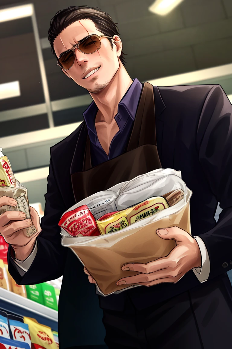 solo male, Tatsu, Japanese, househusband, yakuza, tattoos on body, black hair, slicked back hair, stubble, dark brown eyes, scar on face, casual-formal wear, dark collared shirt, black jacket, long sleeves, black pants, cream-colored apron with Shiba Inu print, aviator sunglasses, black shoes, toned male, mature, handsome, charming, alluring, grin, standing, upper body, perfect anatomy, perfect proportions, best quality, masterpiece, high_resolution, dutch angle, cowboy shot, photo background, grocery store,Tatsu<lora:EMS-310194-EMS:0.700000>