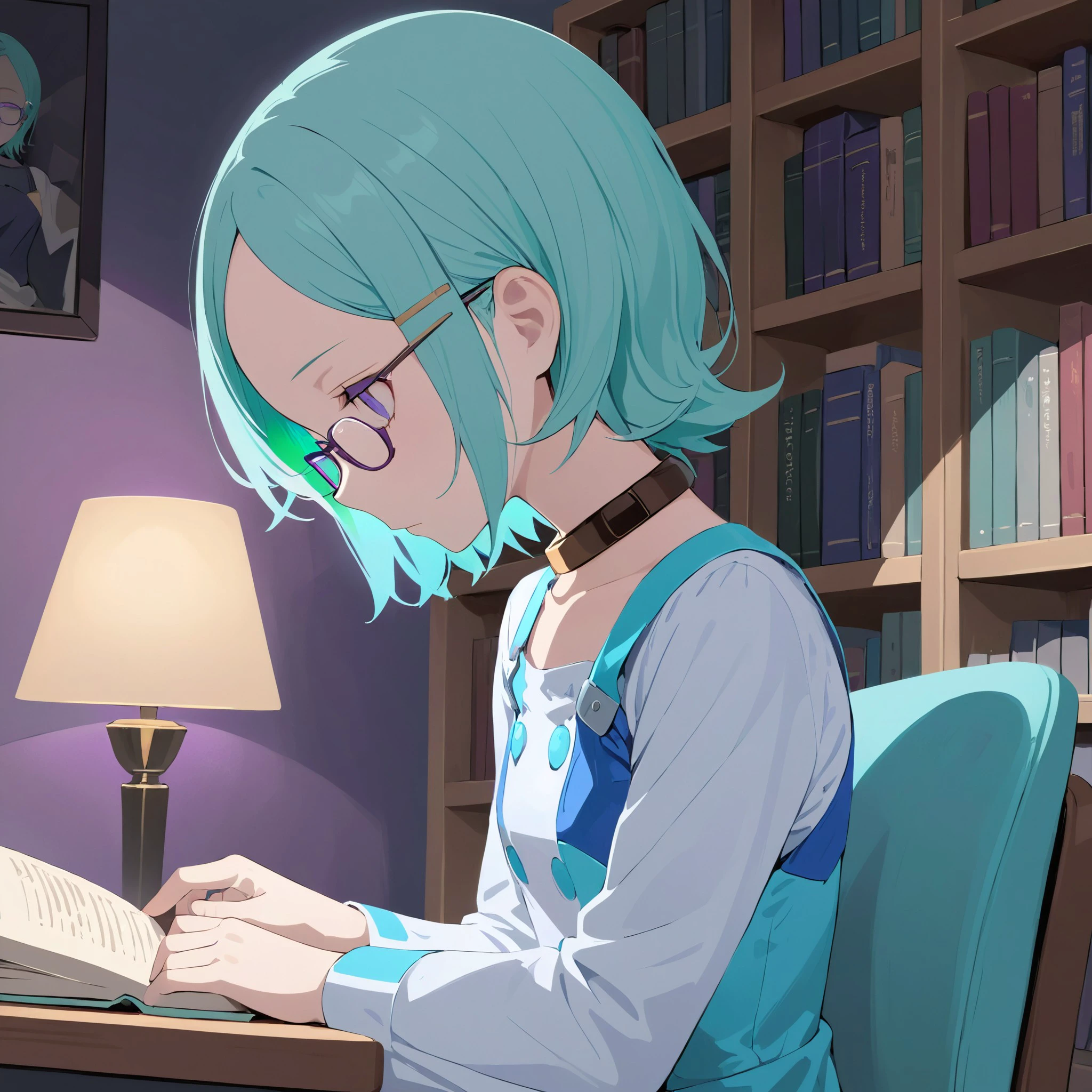 1girl, dress, eureka, glasses, sitting, on chair, desk, living room, bookshelf, desk lamp, reading, book, head tilt, looking away, aqua hair, short hair, collar, purple eyes, expressionless, from side
<lora:eureka_xl_v9:1.0>, masterpiece, best quality