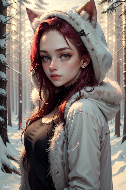 masterpiece, best quality, 8k, photorealistic, high resolution, detailed, raw photo, <lora:alizia-07:1>, ((extreme closeup portrait:1.2)) of alizia,(sharp focus:1.2), attractive young woman, (beautiful face:1.1), detailed eyes, (smile:0.7), wearing white fur ushanka with cat ear, ((long white fur coat)), snow, snowing forest, depth of field. 4K, HDR. by (Jeremy Lipking:1.1).