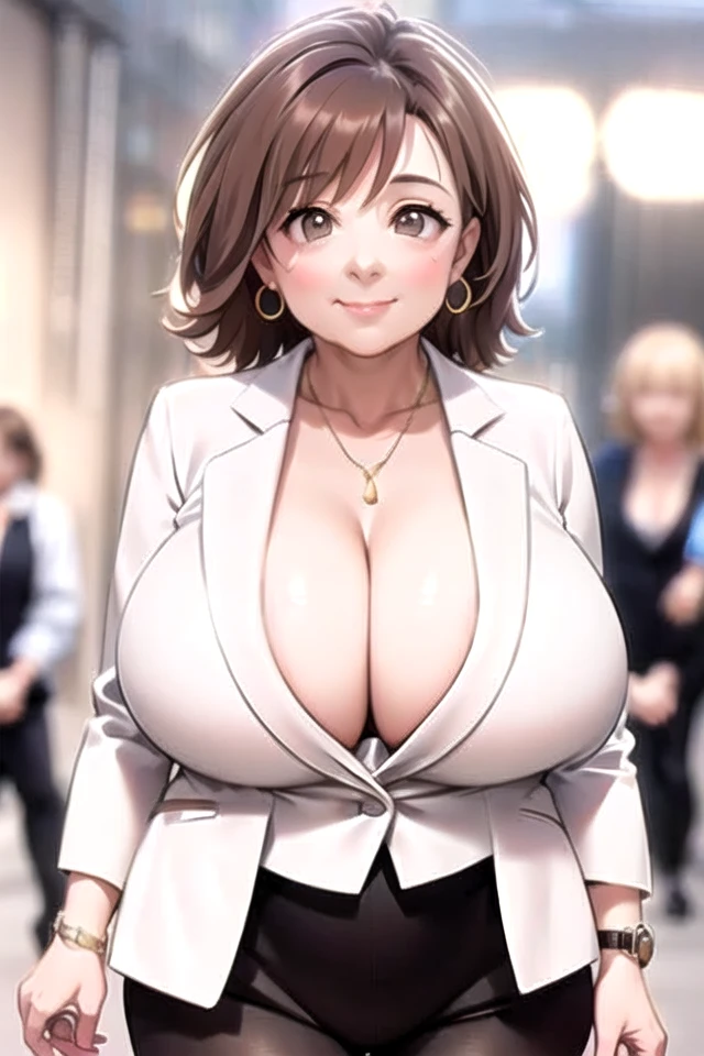 jukujo, necklace, (facial wrinkles:1.0),  cleavage, bracelet, huge breasts, sagging breasts, white jacket, blurry background, leggings, brown eyes, hoop earrings, smile, bob cut, light brown hair, cowboy shot, arms at sides, formal, plunging  wristwatch, closed mouth, detailed face, masterpiece best quality (solo :1.5)     <lora:jukujo_anime_v1:1>