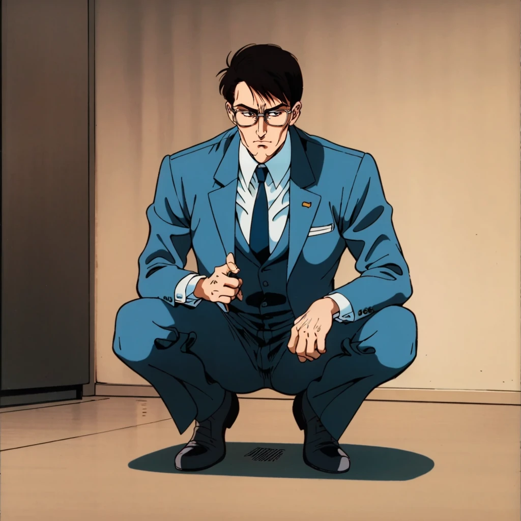 <lora:HirakawaMasumi001:0.7>,
HirakawaMasumi,1man,black hair,short hair,black eye,eyewear,retro artstyle,1980s (style),
business_suit,
full body,squatting,