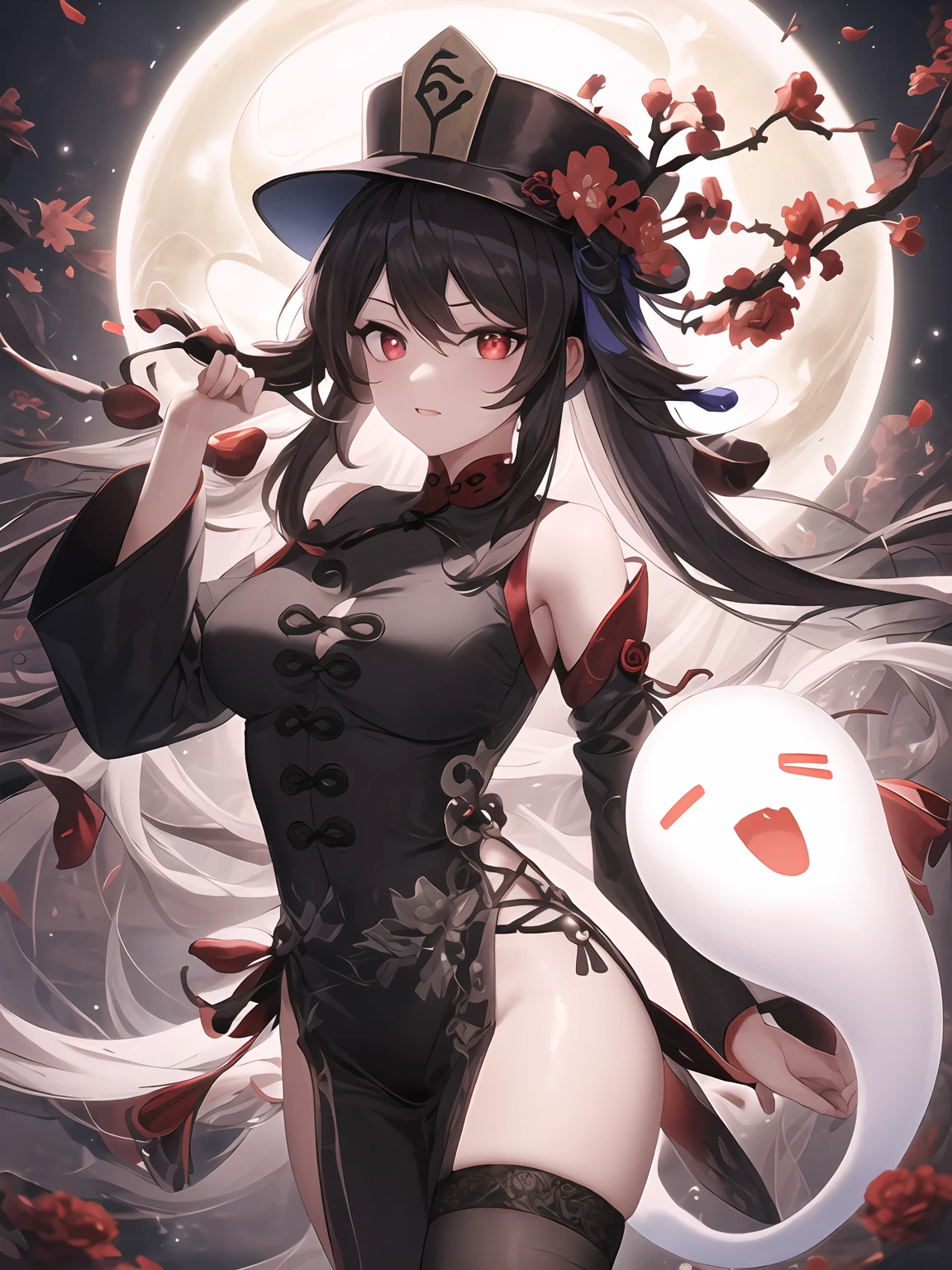 HuTaoTao, HuTaoEyes, (holding a ghost:1.3), Symbol eye, plum blossom pupil, hat, (masterpiece, top quality, best quality, official art, beautiful and aesthetic:1.2), 1girl, beautiful, high detailed, dark lighting, serious face, looking the sky, sky, medium shot, black sweater, jewelry  <lora:HuTaoTaoV1-000005:0.6>