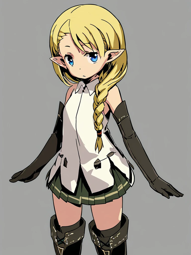 <lora:Himukai-PonyXL-1024px:1>
source_anime, white_background, 
1girl, solo, standing, wearing (thighhighs, thigh boots, elbow gloves, pleated skirt, sleeveless shirt), pointy ears, long blonde hair, single braid