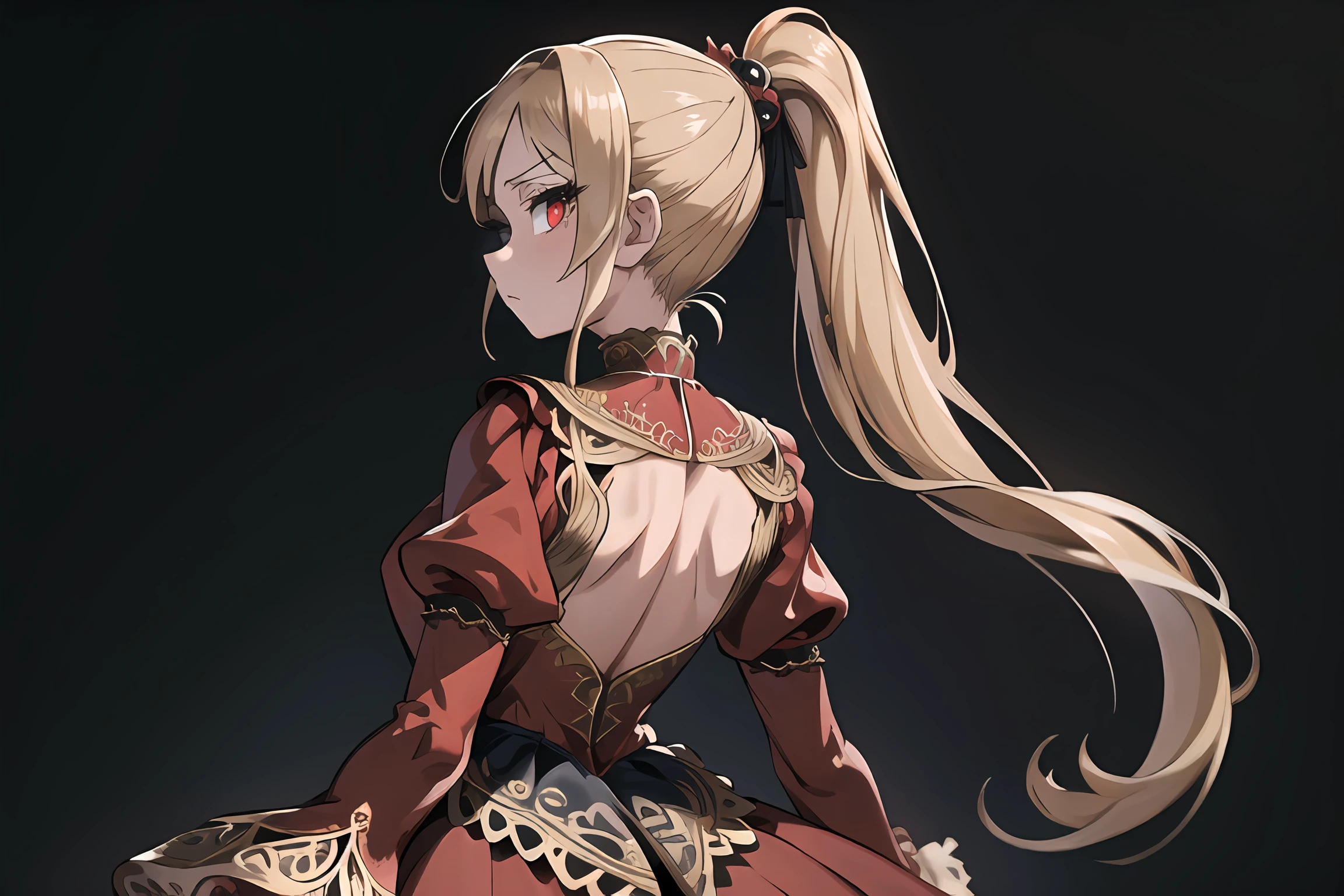 (masterpiece, best quality:1.2), extremely detailed, detailed hair, soft skin,1girl, solo, standing, upper body, from behind,blonde hair, long hair, high ponytail, long ponytail,red eyes, long eyelashes, thick eyelashes, looking at viewer,reddress, backless dress, ornate dress, puffy skirt, long skirt, puffysleeves, juliet sleeves, long sleeves,black background,