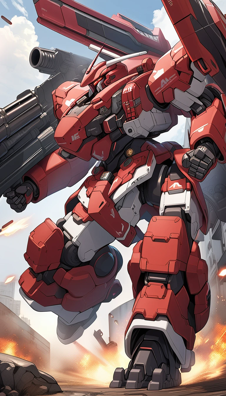 (A-RRS1.8),(a heavy mech:1.6),(hawken:1.6),(detail mecha armor:1.6),glowing red eyes,(battle scene:1.5),(full body:1.5),(fighting pose:1.8),clenched hand,mechanical parts,robot joints,(holding huge weapons:1.5),best quality,masterpiece,highly detailed,ultra-detailed,(Detailed eye:1.2),(huge mechanical weapon:1.3),(detailed armor:1.8),(detailed shield:1.2),(detailed weapon:1.2),(huge mechanical gun:1.2),<lora:srdxl_v2_7_5a01_for_amgxl3:0.5>,
