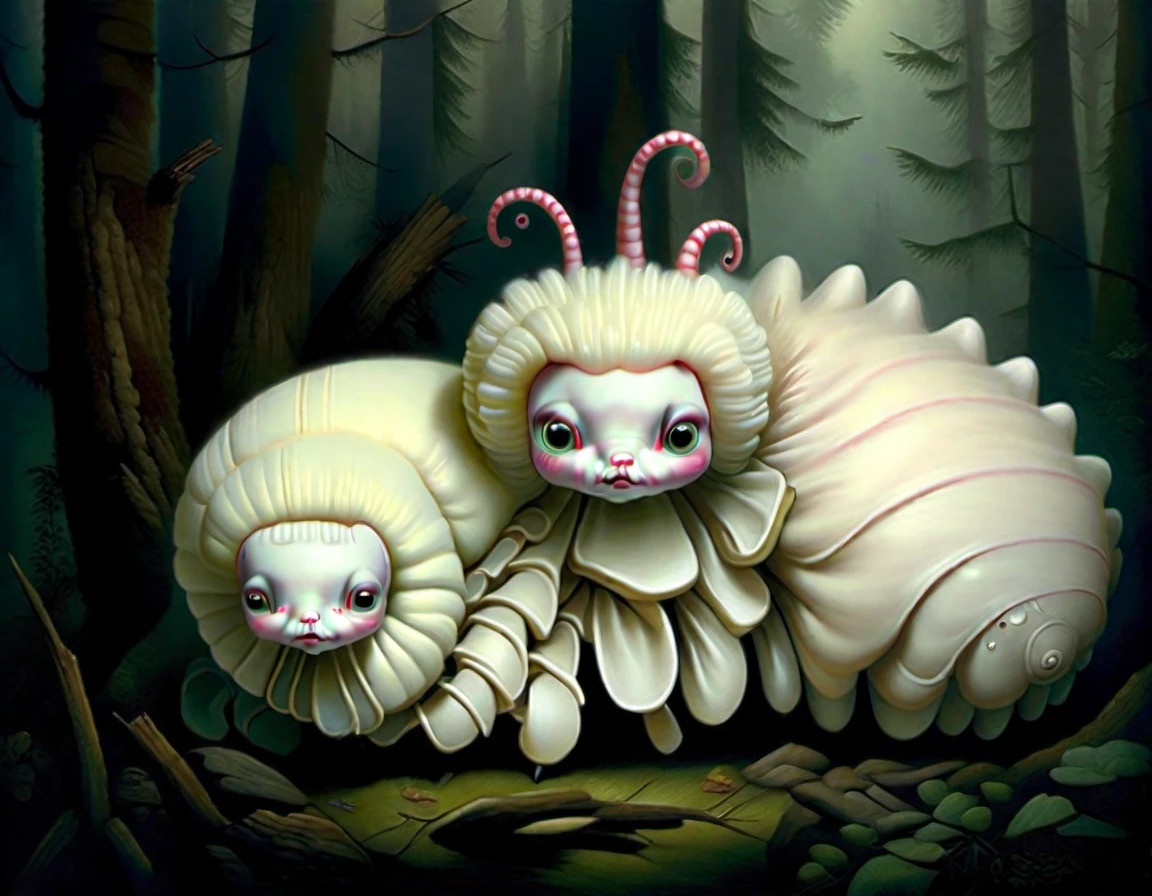<lora:lowbrow_XL:1>, lowbrow, lowbrow-xl, surrealistic, absurd, bizarre, eerie, fanciful, fantastic and ludicrous, furry albino caterpillar