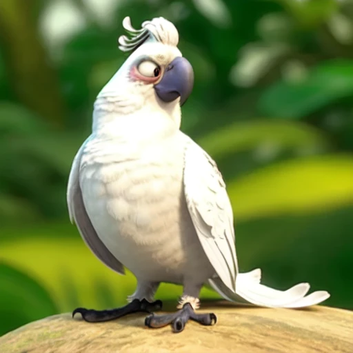 ((NSFW, sexual)), rio movie, jungle landscape, nigel a male white cockatoo avian, white feathers, ((anthro)), big size human body, furry, feathered arms, thick body, ((exposing big tapering penis, testicles)), standing, brown eyes, bedroom eyes, seductive, realistic, digitigrade legs, detailed eyes