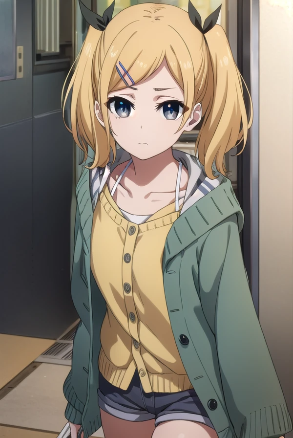 erikayano, <lora:erika yano s1-lora-nochekaiser:1>,
erika yano, short hair, blonde hair, hair ornament, twintails, hairclip, mole, (grey eyes:1.3), mole under eye, short twintails, ribbon, hair ribbon,
BREAK cardigan, shorts, (green cardigan:1.2), thighhighs, striped, striped thighhighs, grey shorts,
BREAK indoors, office,
BREAK looking at viewer, (cowboy shot:1.5), dynamic pose,
BREAK <lyco:GoodHands-beta2:1>, (masterpiece:1.2), best quality, high resolution, unity 8k wallpaper, (illustration:0.8), (beautiful detailed eyes:1.6), extremely detailed face, perfect lighting, extremely detailed CG, (perfect hands, perfect anatomy),