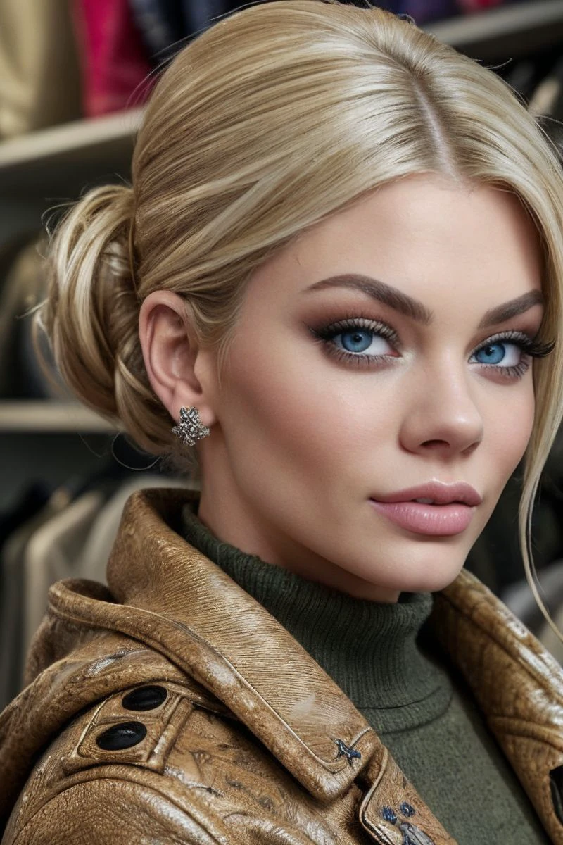 headshot of S004_RileySteele_v2,a stunning woman,in a (store),wearing a (coat:1.1),(updo-hair),(4k, RAW photo, best quality, depth of field, ultra high res:1.1),(absurdres, intricate, photorealistic, masterpiece, ultra-detailed:1.1),