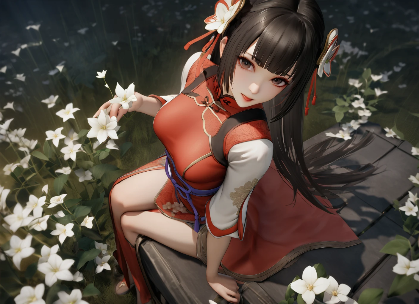 masterpiece, best quality, dynasty warriors_daqiao, chinese clothes, red dress, from side, looking at viewer, from above, black eyes, long hair, blunt bangs, sitting, white flowers, jasmine \(flower\), night, flower land, grasslands, flowers on hand, <lora:dynasty warrios_å¤§ä¹_xl:0.7> <lora:lily_style_xl:0.4>