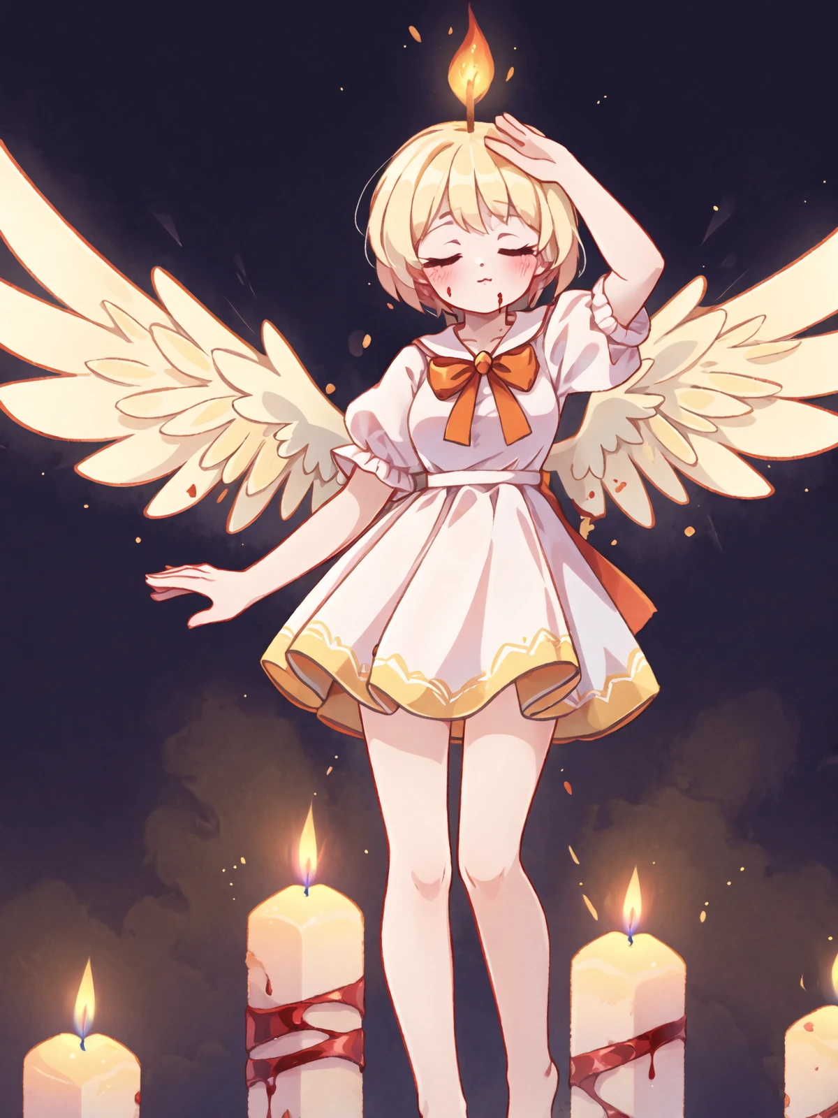 1girl, big-sized breast, full body, pale skin, standing, blush, closed mouth, close-up, closed eyes, emotionless, solo, humanized candle, white-colored skin, short white haircut with fire, blood, head facing downwards, highly sweating, yellow glowing outline, open hands on head level, angel wings, bare hips, bare legs, white tight dress with short puffy sleeves, big grey neck bow, detailed dark orange background with big melted-down candles