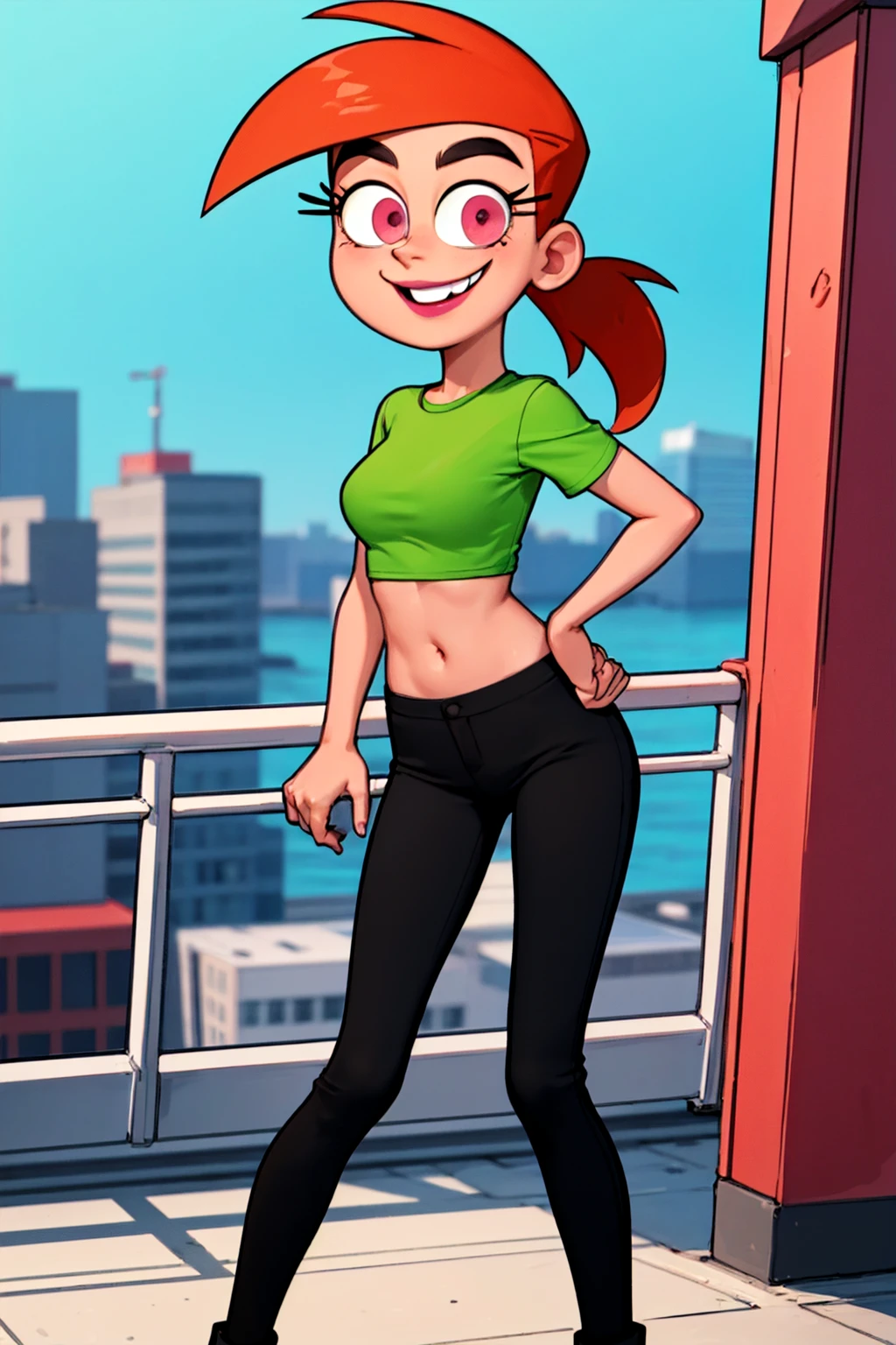vicky, ponytail,orange hair,  lipstick, solo, 1girl, green crop top, pink eyes, black pants,midriff standing, short sleeves, looking at viewer ,smile,underboob, shirt pull,     <lora:Vicky(1.0):0.5>