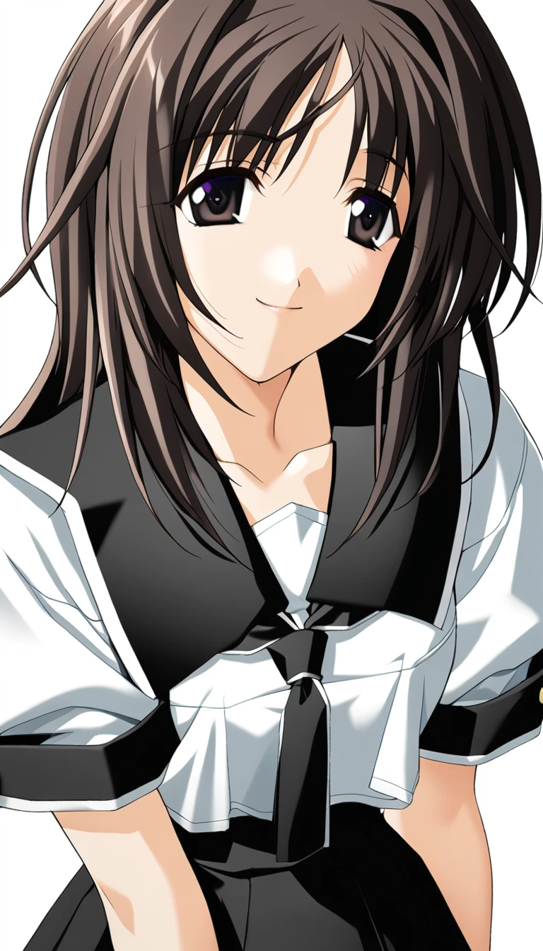 1girl,kashima neo,school uniform, tie with a white edge, black pleated skirt with a white edge, yellow button on the black cuff with a white edge, sailor collar with a white edge,white background,simple background,smile,solo,masterpiece,best quality,game cg, (detailed beautiful eyes:1.2),(beautiful face:1.2),<lora:KashimaNeoXL:1>