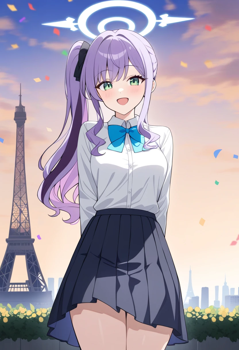 1girl, blue archive, solo,
long hair, wavy hair, purple hair, streaked hair, green eyes, side ponytail, medium breasts, white shirt, collared shirt, bowtie, smile, open mouth, halo, skirt, arms behind back, long sleeves,
confetti, eiffel tower, blue sky, anime coloring,
masterpiece, best quality, very aesthetic, absurdres,