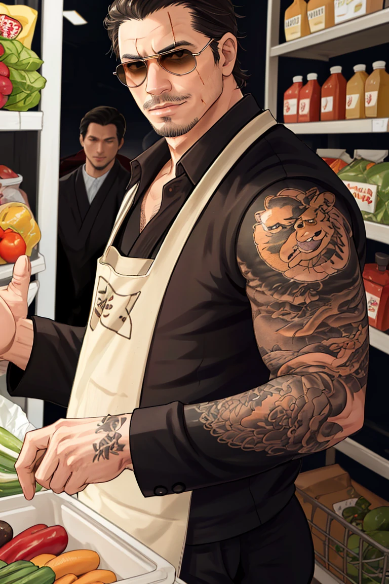 solo male, Tatsu, Japanese, househusband, yakuza, tattoos on body, black hair, slicked back hair, stubble, dark brown eyes, scar on face, casual-formal wear, dark collared shirt, black jacket, long sleeves, black pants, cream-colored apron, (aviator sunglasses), black shoes, toned male, mature, handsome, charming, alluring, smirk, upper body, perfect anatomy, perfect proportions, best quality, masterpiece, high_resolution, dutch angle, photo background, grocery store, vegetable, fruit, bright background<lora:EMS-310194-EMS:0.700000>