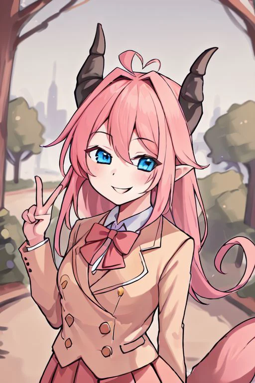 (8k uhd, masterpiece, best quality, high quality, absurdres, ultra-detailed), anime draw style,  1 girl  blue eyes, horns, tail,  school uniform, smiling on camera , in beautiful park