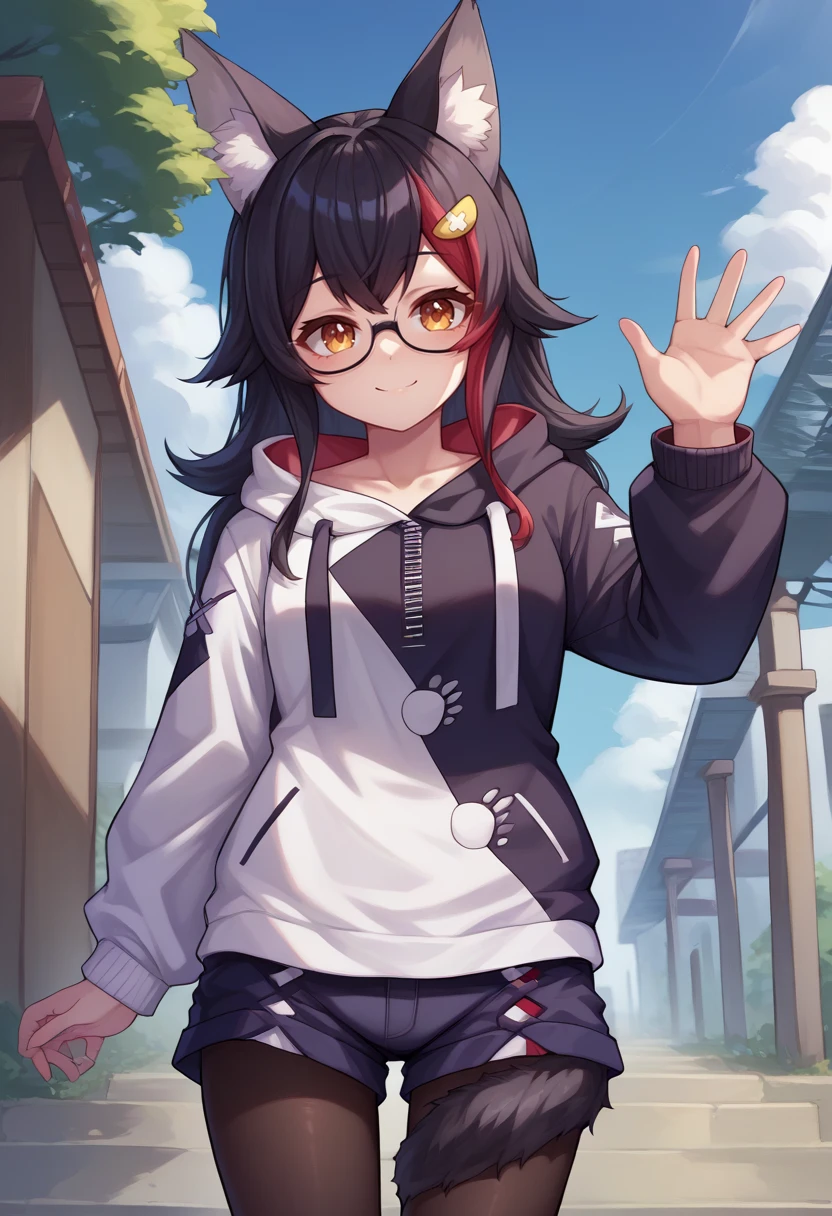 score_9, score_6_up, source_anime, 1girl, solo, outdoors, mio_hoodie, hair ornament, two-tone hoodie, glasses, short shorts, black pantyhose, tail wrap, tail around leg, light smile, waving <lora:mioXL-10:1>