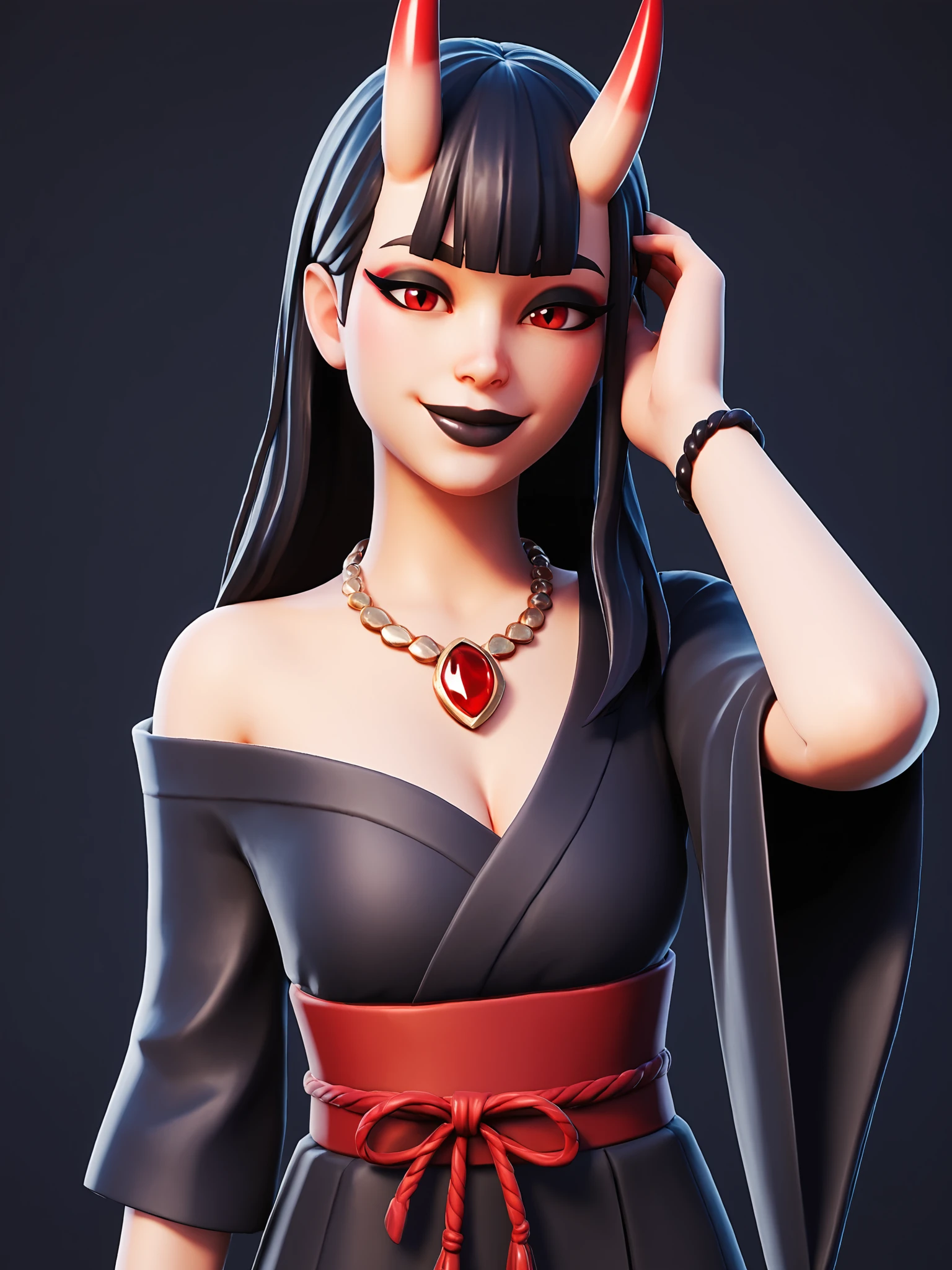 score_9, score_8_up, score_7_up, score_6_up, score_5_up, score_4_up,
BREAK
1girl, black hair, long hair, straight hair, blunt bangs, hime cut, gem necklace, red gem, red eyes, black eyeshadow, black lips, oni hornsm, adjusting hair, asymmetrical hair, seductive smile,
BREAK
solo, cowboy shot, black kimono, japanese clothes, off shoulder, medium breasts, cleavage,
BREAK
black background, 3d, <lora:Lunas-FortniteStyle-SDXL-A1:1>