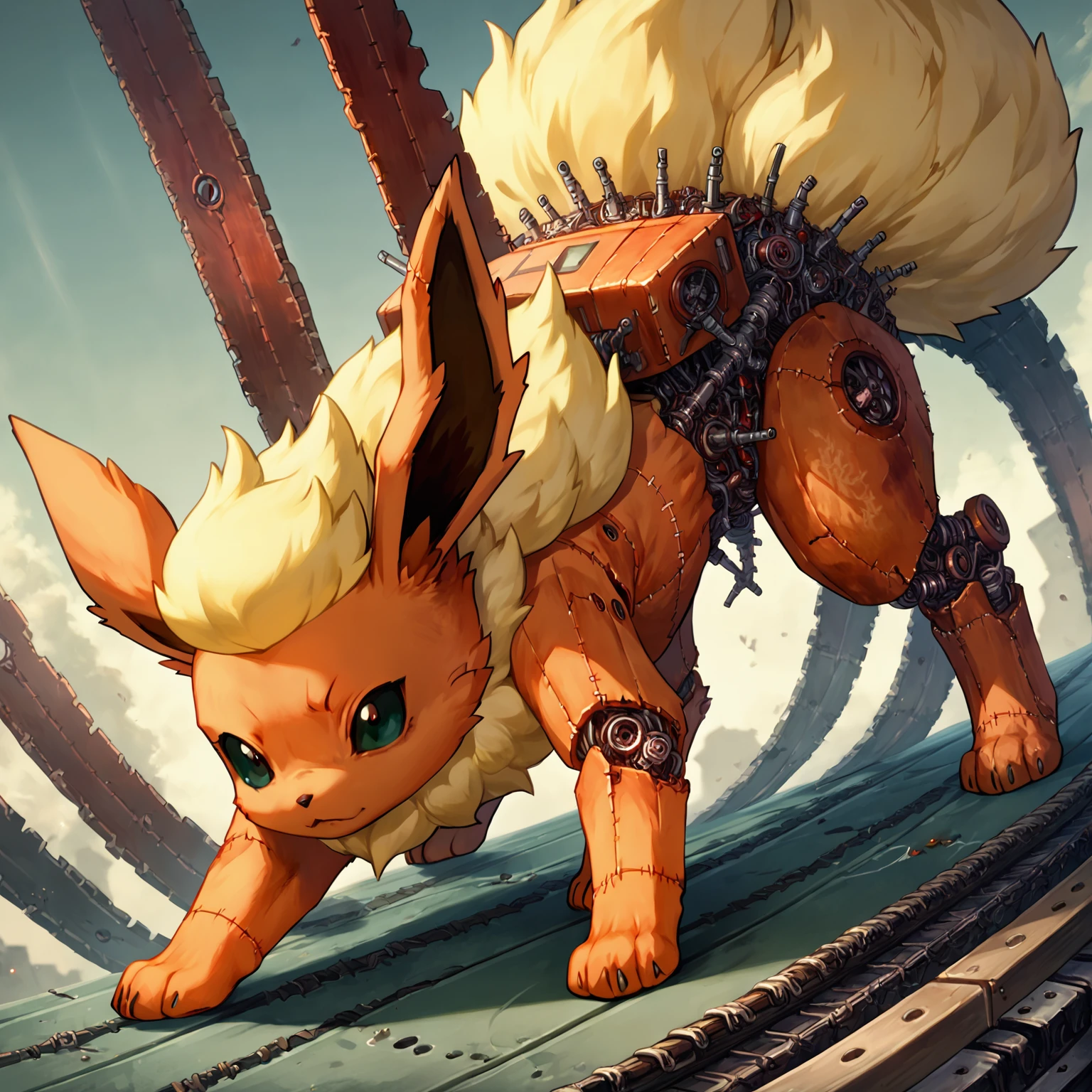 score_9, score_8_up, score_7_up, score_6_up, score_5_up, score_4_up,  source_anime, fluffal flareon, fluffal, feral, looking at viewer:1.2, stuffing, blades, stitches, detailed, paneled background, appealing, cluttered,   <lora:Frightfurfluffal1-000004:1>,