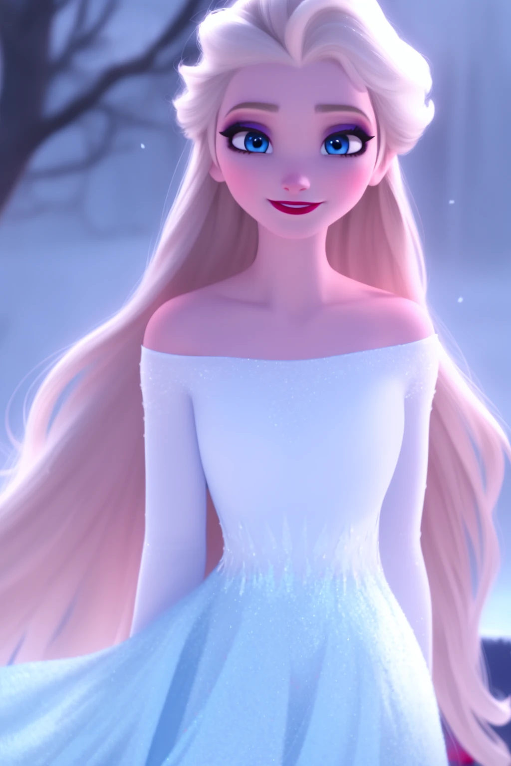 sysdeep_elsa, 1girl, solo, long_hair, looking_at_viewer, smile, blue_eyes, blonde_hair, bare_shoulders, upper_body, makeup, lipstick, eyeshadow, red_lips