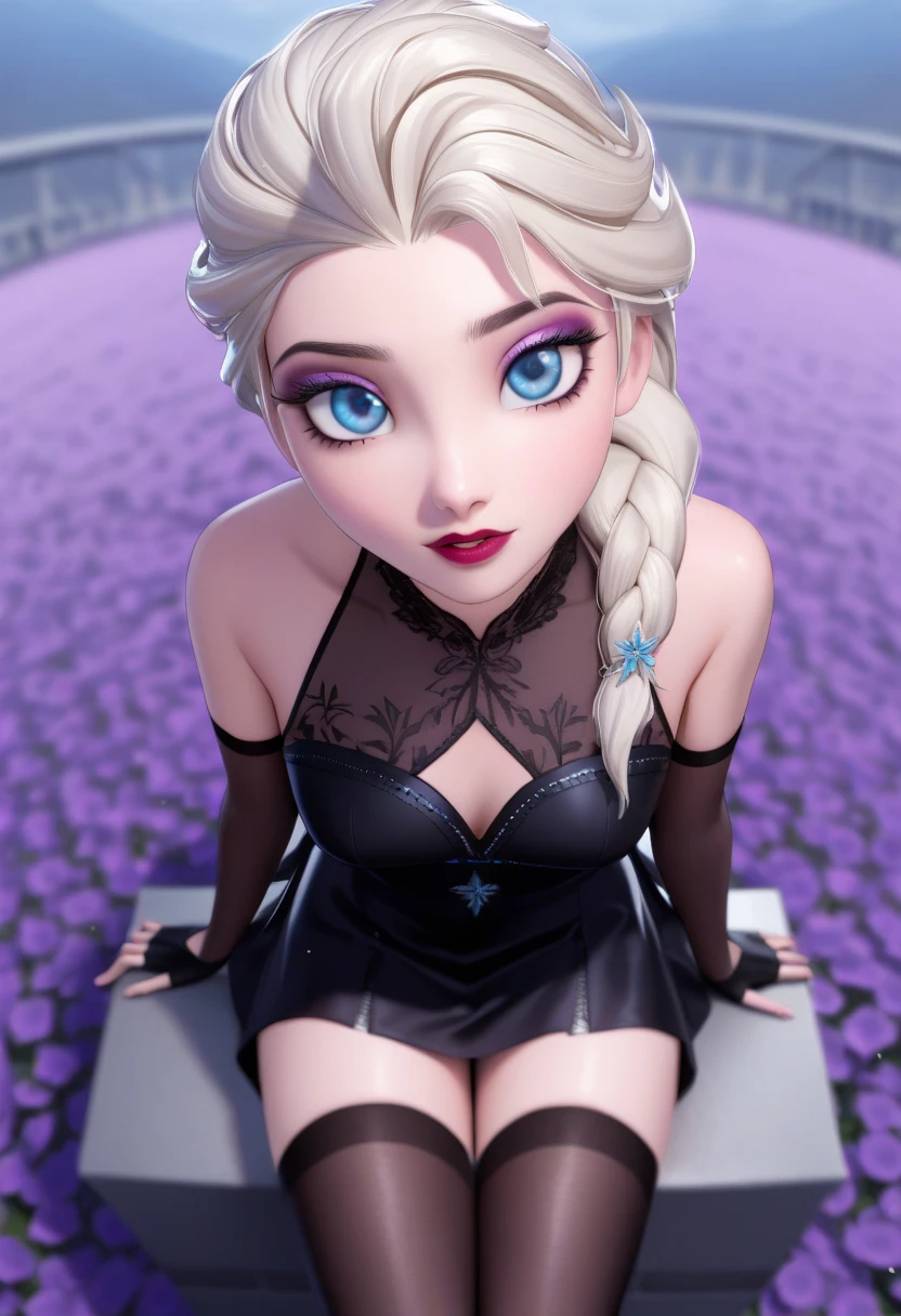 sysdeep_elsa, 1girl, solo, long_hair, breasts, looking_at_viewer, blue_eyes, blonde_hair, thighhighs, gloves, medium_breasts, sitting, braid, white_hair, black_summerdress, black_gloves, elbow_gloves, black_thighhighs, fingerless_gloves, blurry, eyelashes, single_braid, makeup, depth_of_field, pov, from_above, looking_up, lipstick, eyeshadow, mascara, flower_field, 3d