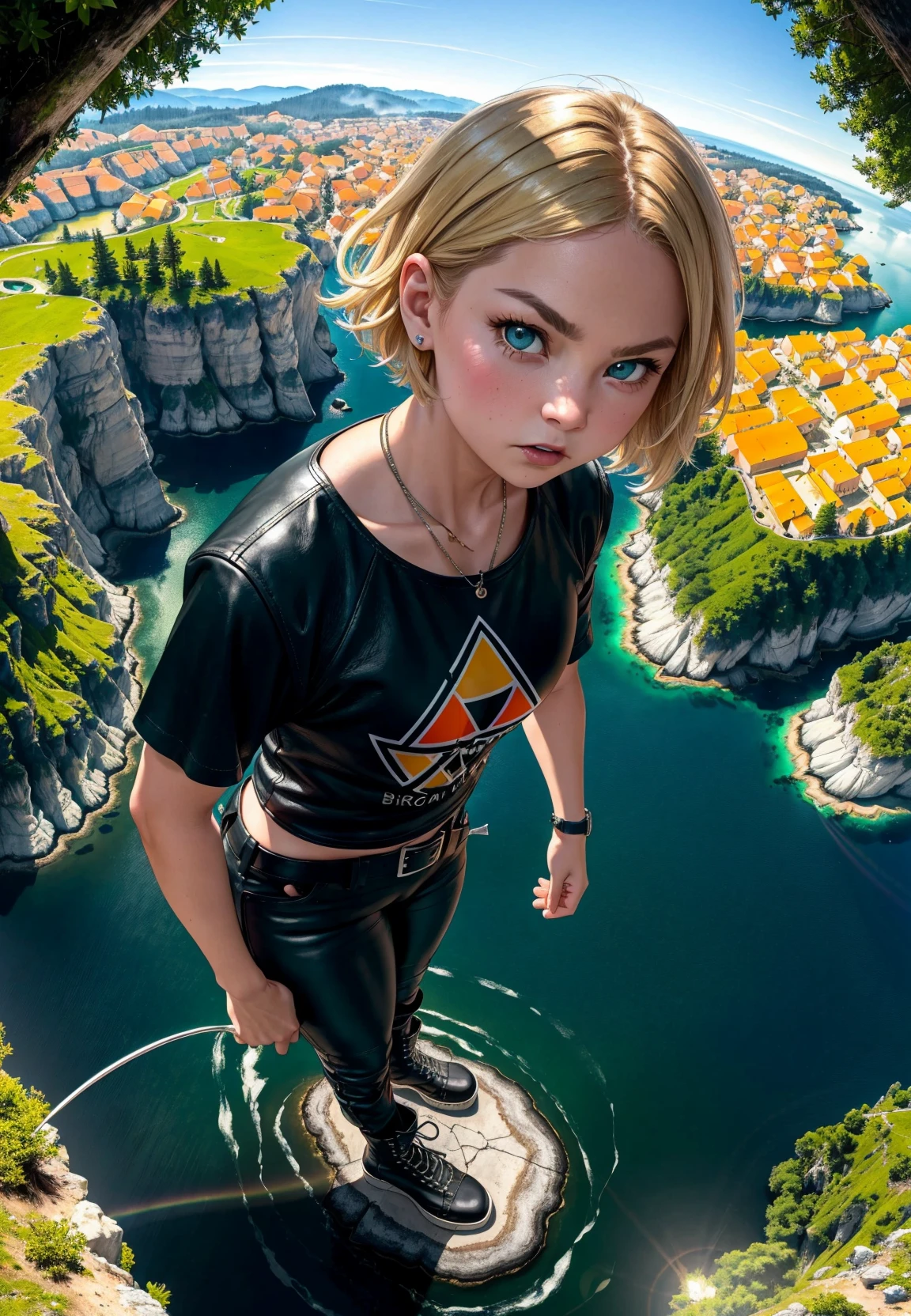 masterpiece of Villagecore, highly detailed professional 8k Gopro footage, best quality, **Rembrandt Lighting**: Creates a triangle of light on the subject's cheek and opposite eye, often used in portraiture, Enhanced high contrast and HDR for optimal image quality, split diopter Selective focus From above, looking straight down at the subject, Croatian Mermaid or Oceanic Fantasy, Oval or Round: Rounder overall shape with a fuller midsection and softer curves, Icy Blonde Candy Corn-Colored Bob, angry,annoyed, Edgy Leather Pants with a Graphic Tee and Combat Boots, stunning creative and insane Foggy Redwood Forests background