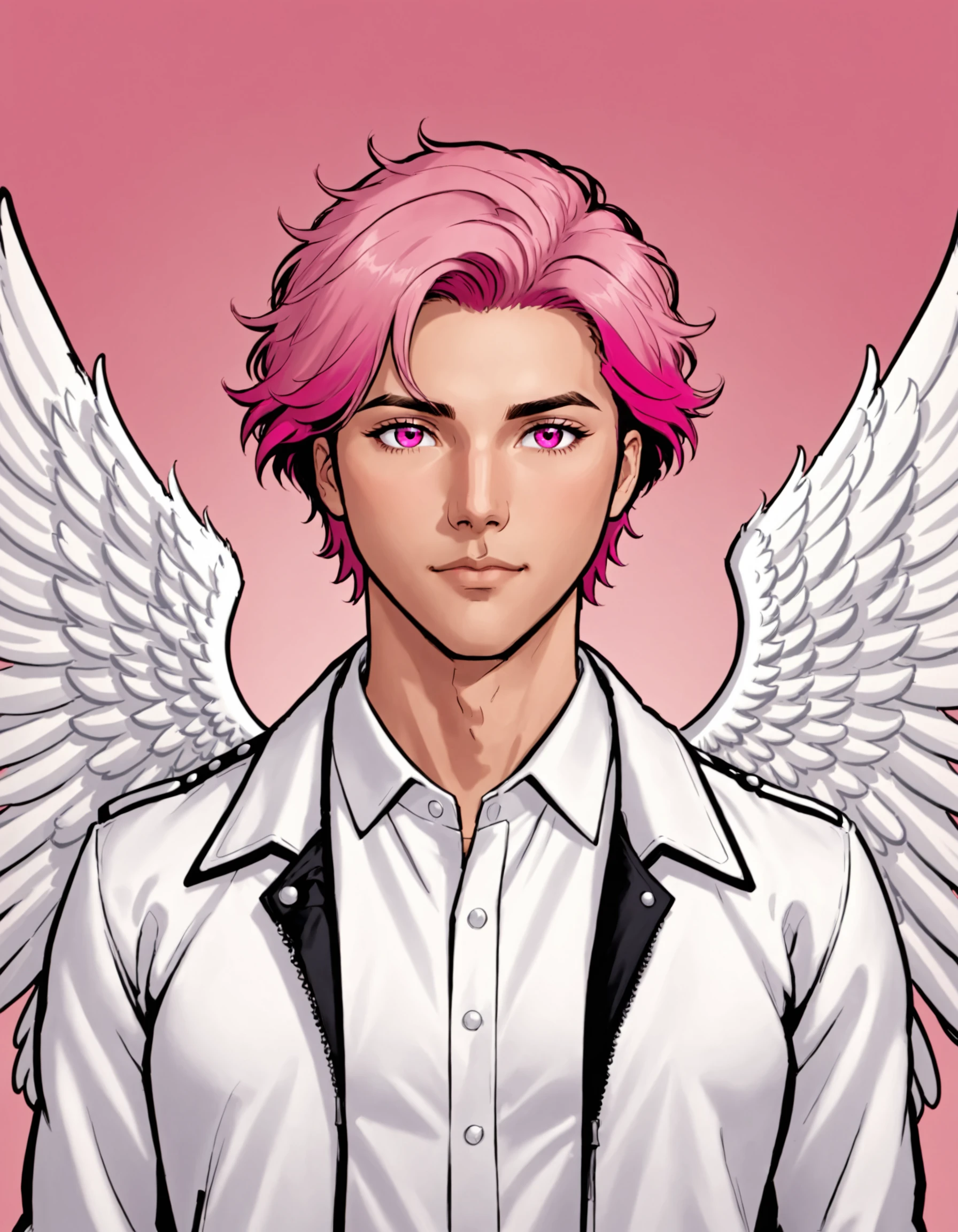 0b4k3sks style, solo, looking at viewer, short hair, shirt, 1boy, closed mouth, jacket, white shirt, upper body, pink hair, male focus, open clothes, wings, collared shirt, pink eyes, open jacket, pink background, feathers, feathered wings, angel wings, white wings, pink jacket, best illustration, cinematic angle, cinematic lighting, masterpiece, official art, <lora:PoltergeistStyle_ponyxl:0.8>