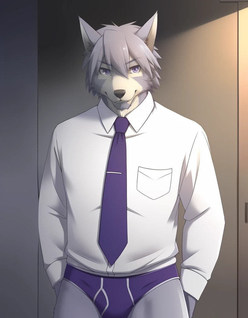 (((detailed eyes, detailed face))), (furry, mitsuhisa <lora:character_mitsuhisa_findigo_v1:0.9>, two-tone fur, grey hair, facial hair, chest hair, wolf boy, snout, old man, black eyes), male, (solo), (plump), (white shirt, blue necktie, purple briefs, purple male underwear), spreading, (arms behind back), smile, (front view) BREAK (konzaburou, ukan_muri, cute), bedroom, (flat shading, high brightness), 8k, UHD, masterpiece, (full body:1.8)