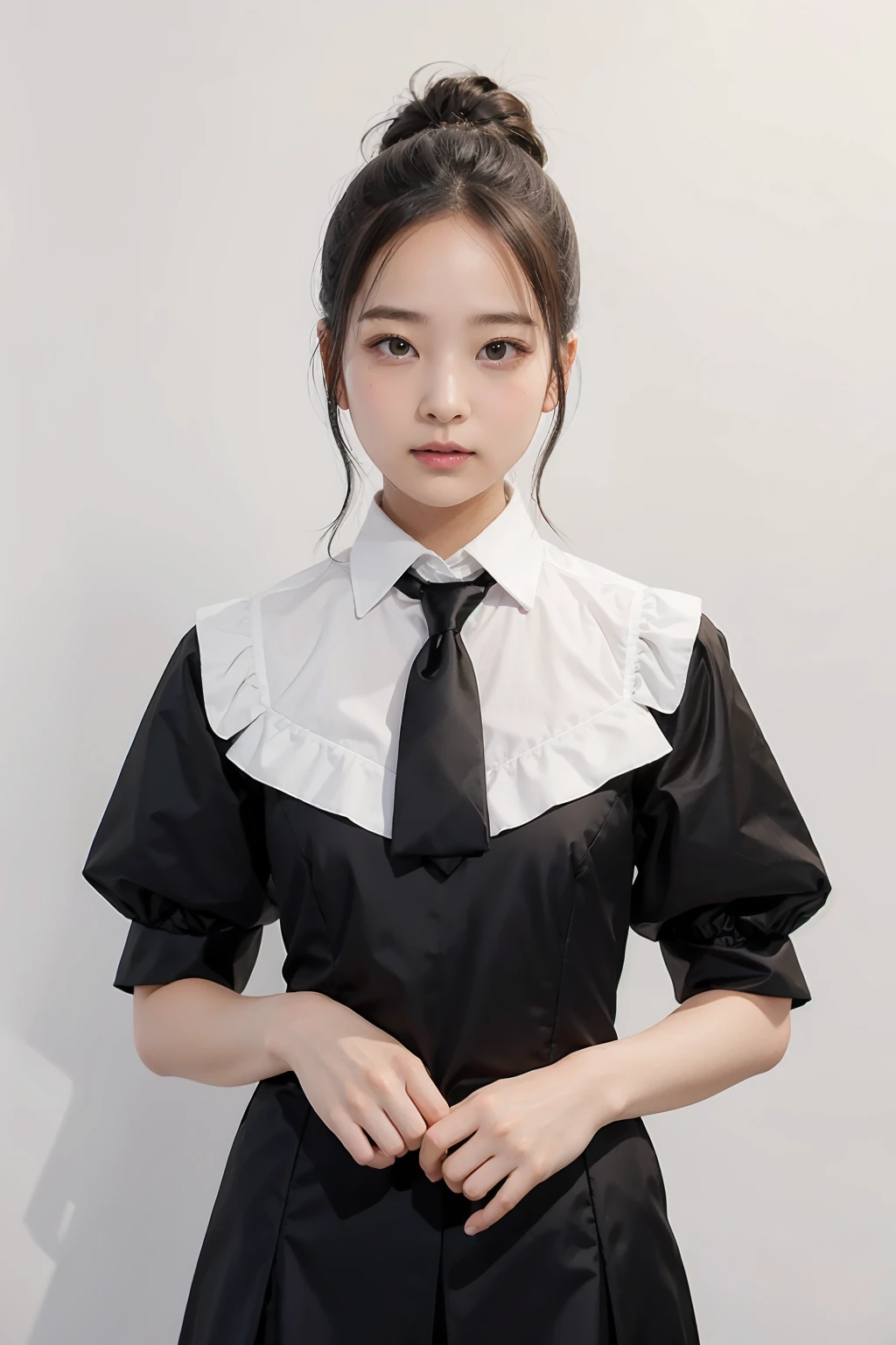 1girl, black  random formal attire, white background, <lora:MikakoAbeJAV-02:1>