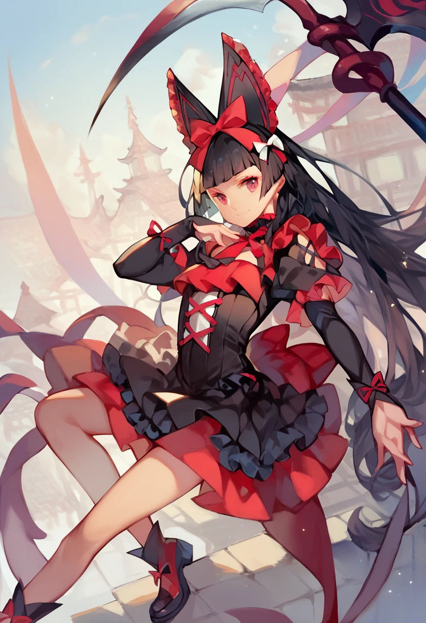 score_9, score_8_up, score_7_up, score_6_up, score_5_up, score_4_up, a girl in a chinese rooftop, scythe, <lora:ka_style_xl_v2-000021:.8> <lora:rory_mercury-PD-1.0-full:0.8> rory mercury, frills, black hair, hair bow,