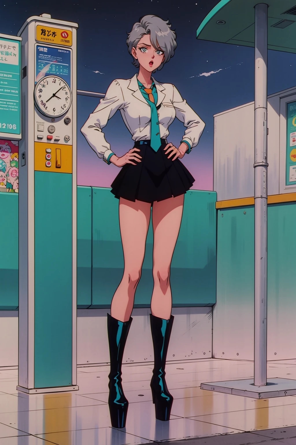 1girl, solo, odd numbers, bus stop, night, pray hand on hip, gray hair, short gray hair, hair over one eye, turquoise eyes, tall, necktie, skirt, splash guards, platform boots, small breasts, :o .<lora:EPTakeuchiNaokoStyle-03:1> EPTakeuchiNaokoStyle, 1990s \(style\), anime screencap, retro artstyle, anime coloring, traditional media