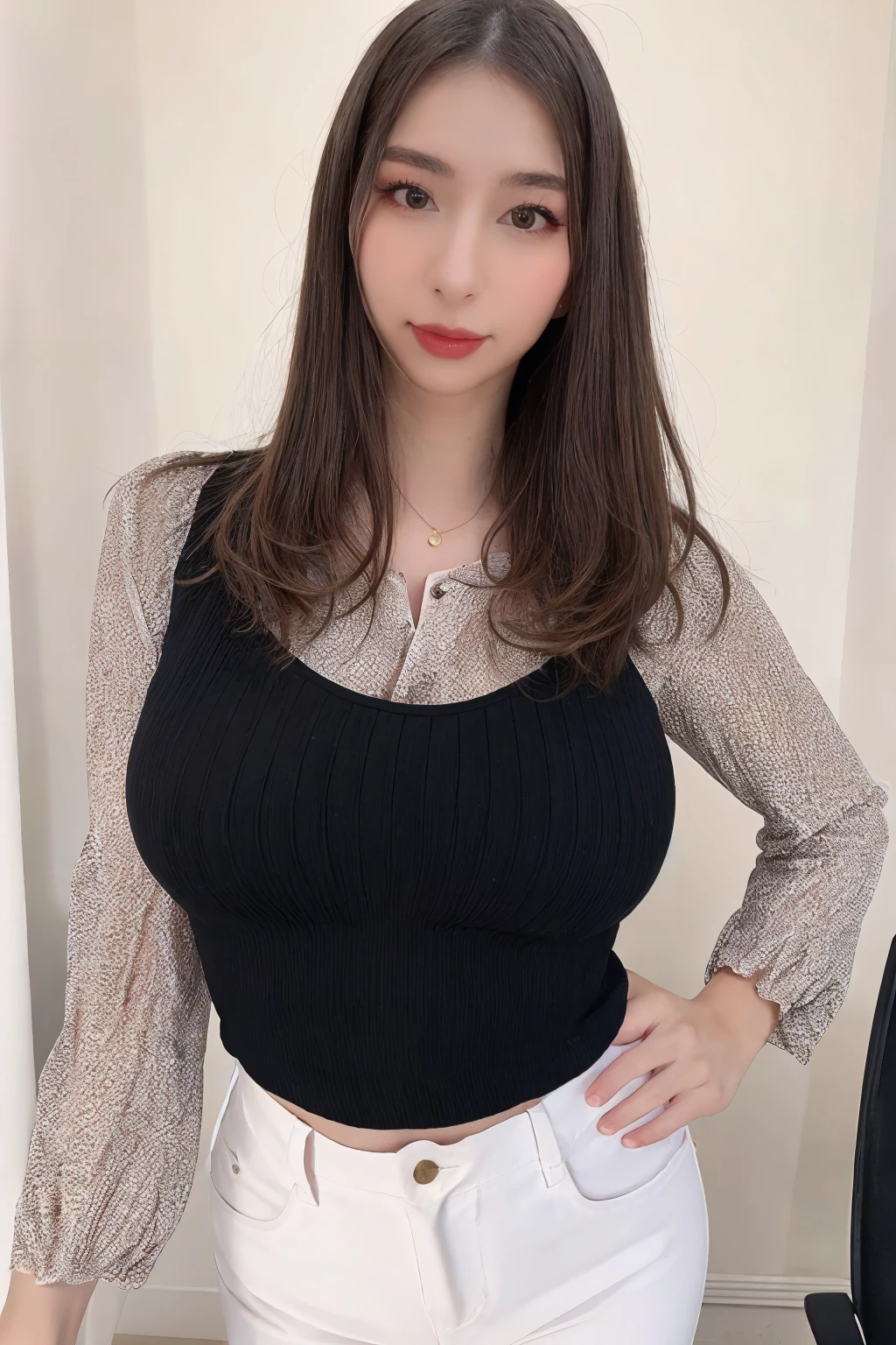 1girl, monamitakarada_v2_jav, large breasts, black eyeshadow, bangs, brown hair, long hair, brown eyes, heavy makeup, red lipstick, <lora:JAV_monami_takarada_v2-000006:1>,
"white blouse", office pants,
dynamite lighting, 
(ulzzang-6500:0.0), (ultimate quality, masterpiece, highres:1.0), (photorealistic, realistic:1.9),  nice hands, <lora:GoodHands-vanilla:1>