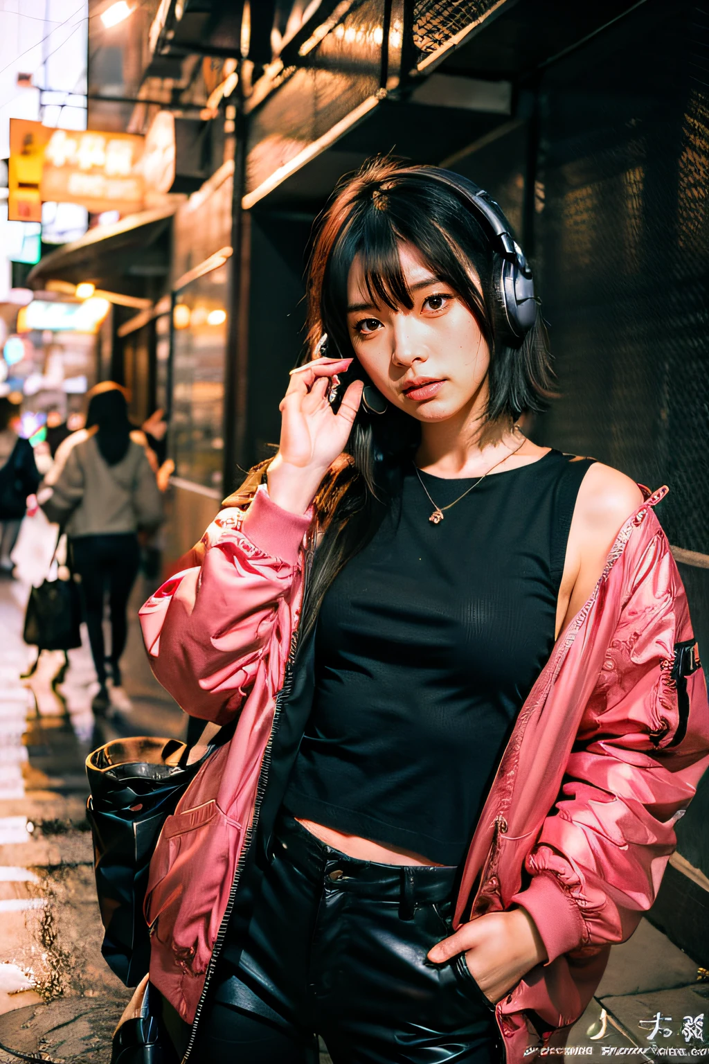 yumeoi kakeru, nijisanji, virtual youtuber, black hair, red eyes, shirt, short hair, pants, jacket, hair between eyes, jewelry, headphones, <lora:HeArt_FilmStyle-10:0.6>