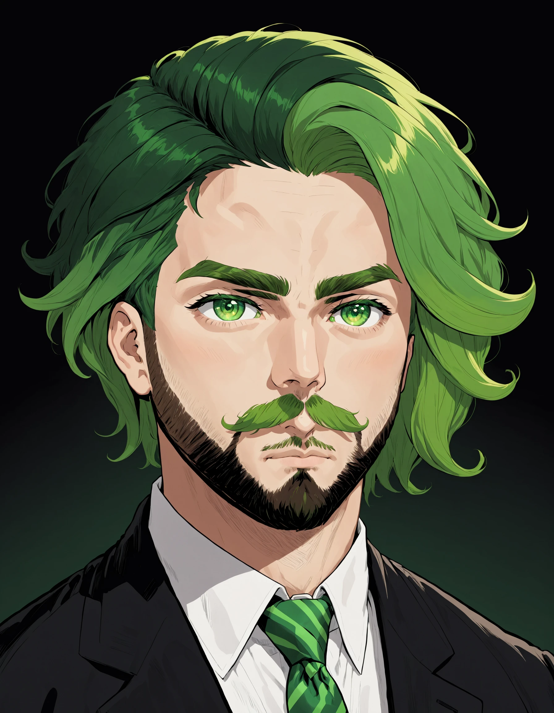 0b4k3sks style, solo, looking at viewer, short hair, shirt, 1boy, closed mouth, green eyes, jacket, white shirt, male focus, green hair, necktie, collared shirt, black jacket, gradient background, facial hair, thick eyebrows, black background, portrait, beard, green background, mustache, green necktie , <lora:PoltergeistMixStyle:1>