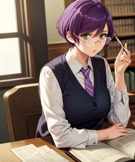 (adult woman), (1girl, solo), (looking at viewer), (vest, tie), (glasses), (purple hair, short hair), (green eyes), ((inside, library)), (window), (best quality, high detail), ((masterpiece)), <lora:1_ino_20e:1>