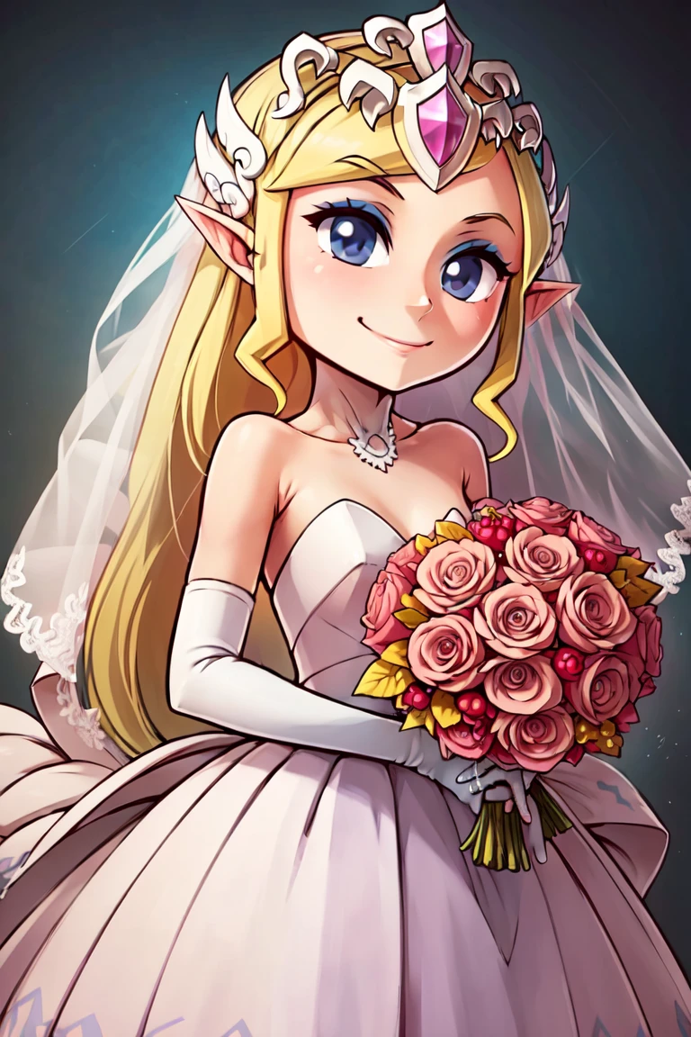 ((masterpiece, best quality)), anime style, <lora:more_details:0.5>, <lora:Toon_Zelda_v1:0.8>, toon zelda, 1girl, solo, smile, tiara, cowboy shot, bride, wedding dress, bridal veil, strapless dress, elbow gloves, holding bouquet,