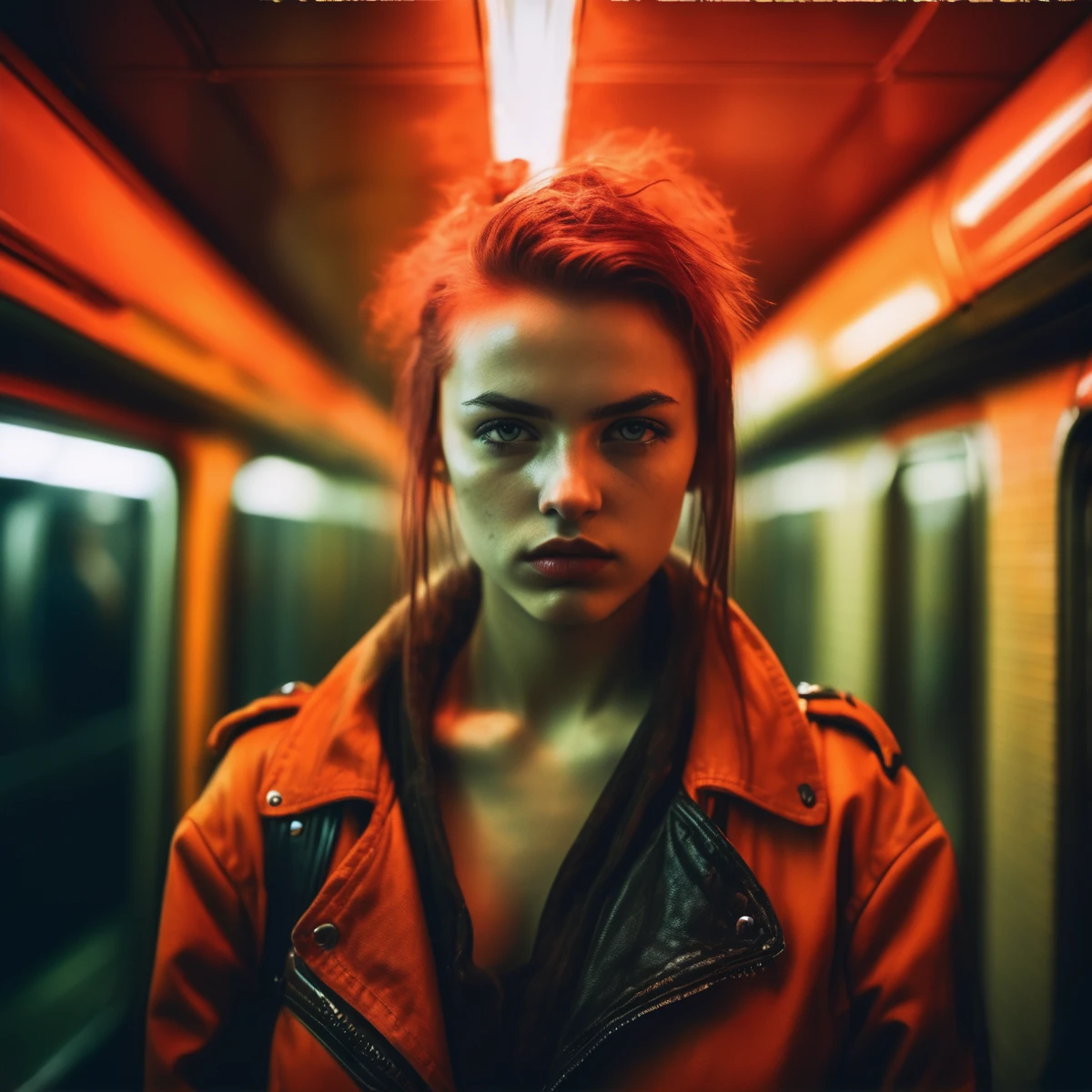 velumia close up punk girl portrait in the subway at night, cinematic, professional photo, very detailed red light <lora:velumia:1>