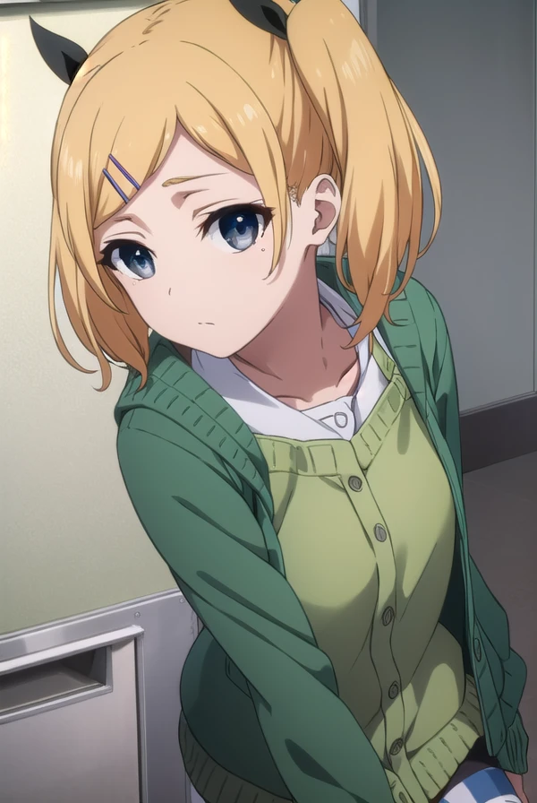 erikayano, <lora:erika yano s1-lora-nochekaiser:1>,
erika yano, short hair, blonde hair, hair ornament, twintails, hairclip, mole, (grey eyes:1.3), mole under eye, short twintails, ribbon, hair ribbon,
BREAK cardigan, shorts, (green cardigan:1.2), thighhighs, striped, striped thighhighs, grey shorts,
BREAK indoors, office,
BREAK looking at viewer, (cowboy shot:1.5), dynamic pose,
BREAK <lyco:GoodHands-beta2:1>, (masterpiece:1.2), best quality, high resolution, unity 8k wallpaper, (illustration:0.8), (beautiful detailed eyes:1.6), extremely detailed face, perfect lighting, extremely detailed CG, (perfect hands, perfect anatomy),