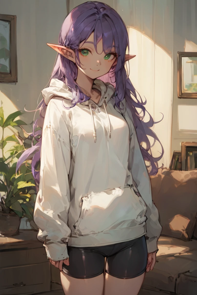 score_9, score_8_up, score_7_up, elf, pointy ears, purple hair, long hair, green eyes, white hoodie, bike shorts, smile, 1girl, solo, looking at viewer, cowboy shot, standing, indoors, living room <lora:Counterfeit-V3.0 Style SDXL_LoRA_Pony Diffusion V6 XL:1>