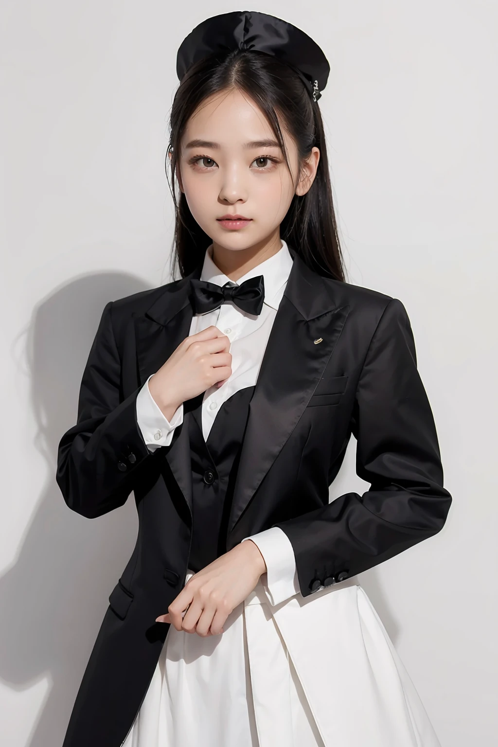 1girl, black random formal attire, white background, <lora:MikakoAbeJAV-02:1>
