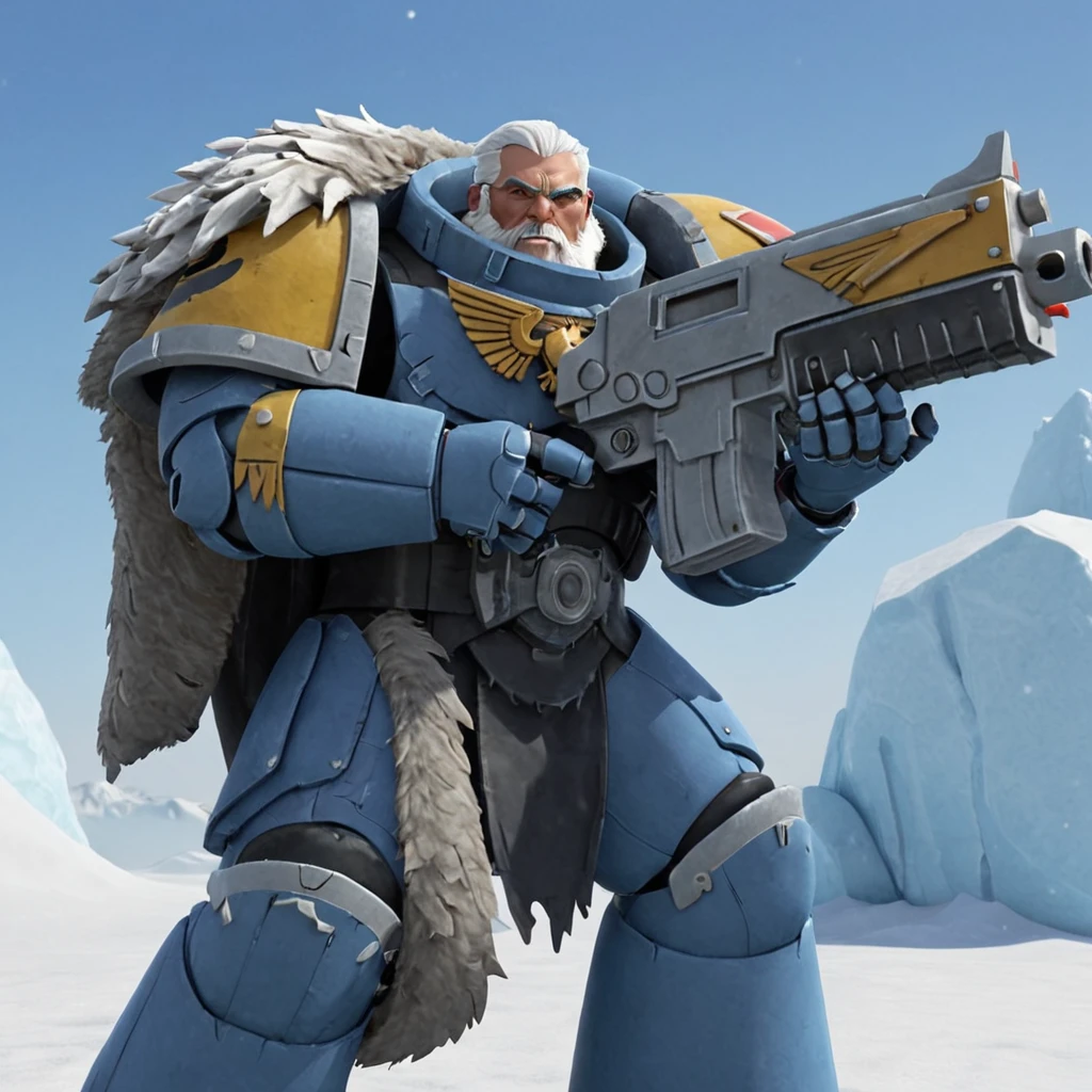 a spcwlf man in power armor, white hair, beard, brains, aiming (a bltgun bolter weapon) in his hand, fur cloak, snow, ice, blizzard, battlefield, glory, charge, High quality 3D rendering, fantasy, Pixar 3D character design style, ZBrush high-polygon modeling,