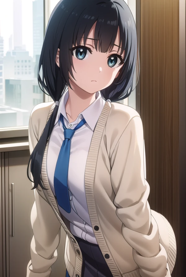 emayasuhara, <lora:ema yasuhara s1-lora-nochekaiser:1>,
ema yasuhara, long hair, black hair, twintails, (black eyes:1.3), low twintails,
BREAK skirt, school uniform, necktie, cardigan, shirt, grey shirt, black skirt, yellow cardigan,
BREAK indoors, office,
BREAK looking at viewer, (cowboy shot:1.5), dynamic pose,
BREAK <lyco:GoodHands-beta2:1>, (masterpiece:1.2), best quality, high resolution, unity 8k wallpaper, (illustration:0.8), (beautiful detailed eyes:1.6), extremely detailed face, perfect lighting, extremely detailed CG, (perfect hands, perfect anatomy),