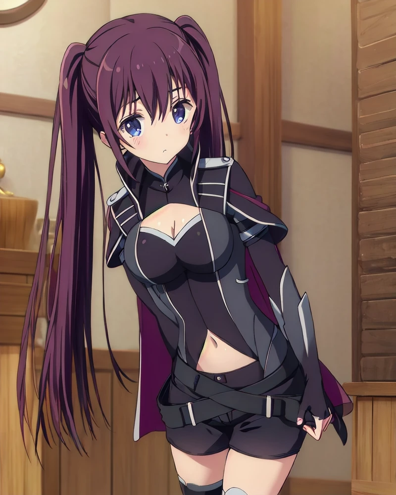 yamanekoarthur, 1girl, looking at viewer , highres, ((masterpiece)), (best quality), extremely detailed CG unity 8k wallpaper, highly detailed, vivid color, round breasts, <lora:Round_Breasts_V7:1>, long hair, medium breasts, blue eyes, twintails, purple hair, hair between eyes, anime coloring, <lora:yamanekoarthur-08:0.7>, fingerless gloves, cleavage, shorts, cape, clothing cutout, cape, thighhighs, navel, navel cutout