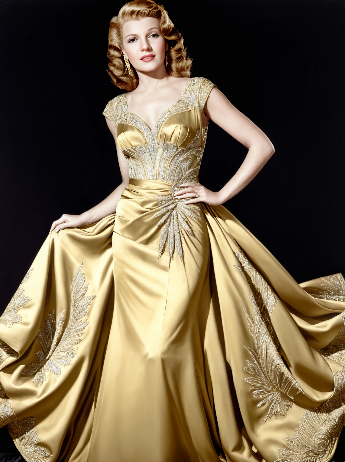 High Fashion, Photorealism portrait of  RitaHeyworthSDXL wearing an (intricate elegant:1.4)  golden gown <lora:RitaHeyworthSDXL-000009:1>, (modern style:1.4), Photorealism, often for highly detailed representation, photographic accuracy, or visual illusion., dynamic, dramatic, haute couture, elegant, ornate clothing, High Fashion