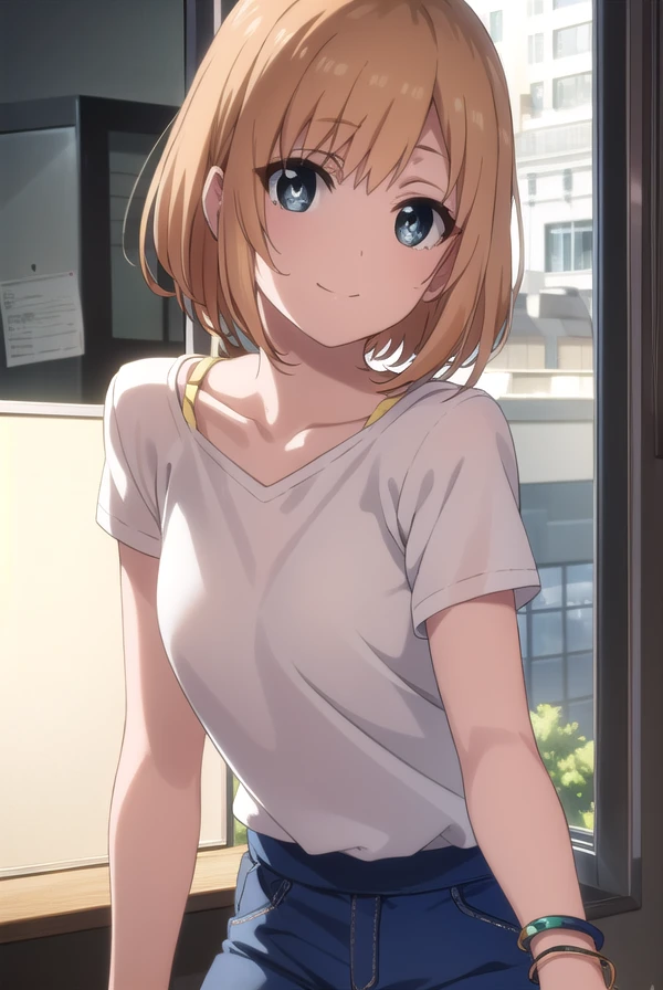 aoimiyamori, <lora:aoi miyamori s1-lora-nochekaiser:1>,
aoi miyamori, short hair, blue eyes, brown hair, smile,
BREAK skirt, shirt, jewelry, white shirt, short sleeves, miniskirt, bracelet, collarbone,
BREAK indoors, office,
BREAK looking at viewer, (cowboy shot:1.5), dynamic pose,
BREAK <lyco:GoodHands-beta2:1>, (masterpiece:1.2), best quality, high resolution, unity 8k wallpaper, (illustration:0.8), (beautiful detailed eyes:1.6), extremely detailed face, perfect lighting, extremely detailed CG, (perfect hands, perfect anatomy),