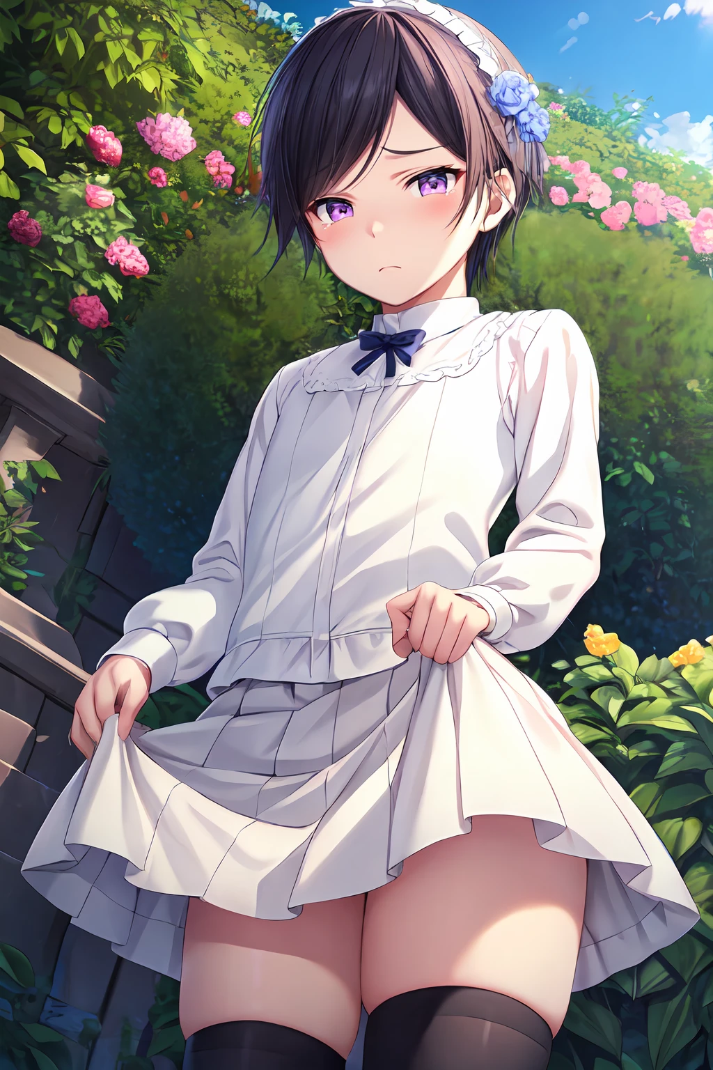 (masterpiece, best quality:1.2), highres, game cg, extremely detailed CG, 4k, 8k, 1boy, solo, male focus, tears, blush, frown, 
koryui_V1, otoko no ko, androgynous, black hair, short hair, swept bangs, purple eyes, 
white hairband, frilled hairband, hair flower, 
crossdressing, black neck ribbon, white shirt, frilled shirt collar, high collar, long sleeves, 
white skirt, pleated skirt, miniskirt, white thighhighs, zettai ryouiki, 
standing, skirt hold, 
outdoors, garden, blue sky, day, cowboy shot, looking at viewer, from below, 
<lora:add_detail_CyberAlchemist:0.4>, <lora:koryuiV1:0.85>,