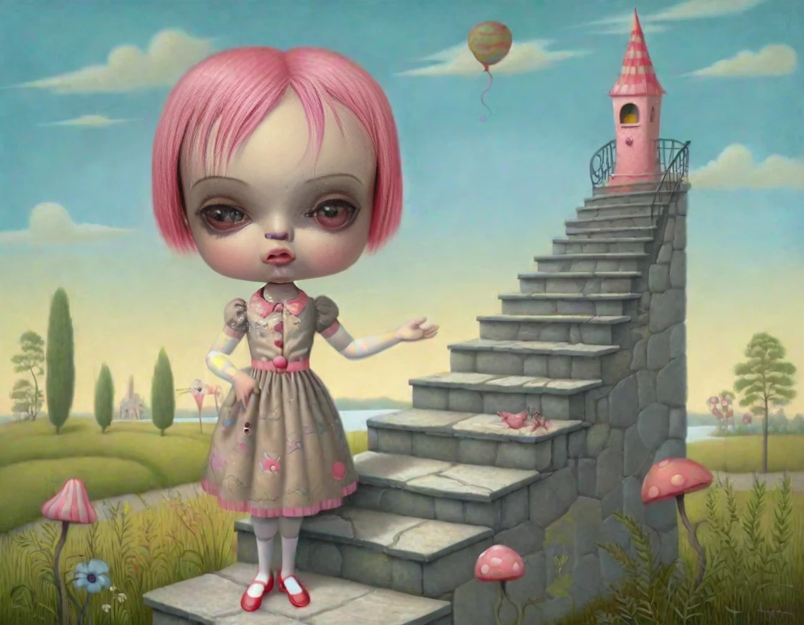<lora:lowbrow_XL:1>, lowbrow, lowbrow-xl, surrealistic, absurd, bizarre, eerie, fanciful, fantastic and ludicrous, stone steps fantasy landscape,